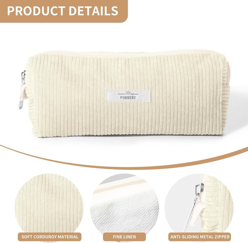 Purbert Pencil Bag Pen Case, Soft Corduroy Small Pencil Pouch Organizer with Zipper, Cute Pencil Case Pouch Stationery for Girls and Boys – White - Image 4